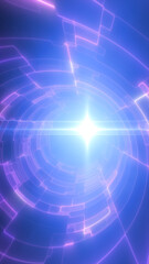 Bright white starburst in the center of a glowing purple-blue circular grid. Sci-fi energy explosion effect