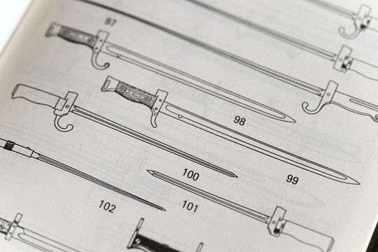 A sample of different types of bayonets drawn on paper.
