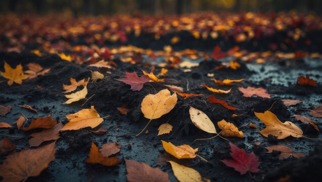 Golden and crimson fall leaves softly fall, covering the ground in a vivid, colorful fabric.