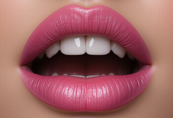 Obraz premium A woman's mouth is open, showing her teeth and pink lips