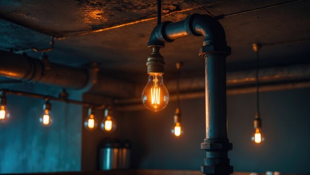 The dining area is illuminated by vintage light bulbs hanging from the cafe's ceiling