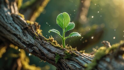A small, lively green sprout appears from a textured tree branch, representing themes of renewal, resilience, and the strong essence of life.