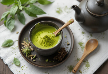 A bowl of green powder is on a plate next to a teapot