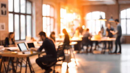Blurred people silhouettes working in a clear modern office open space at sunset, workplace teamwork