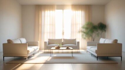 Calm living space with soft focus, drenched in natural light, showcasing sleek furniture and neutral hues, great for serene backdrops.