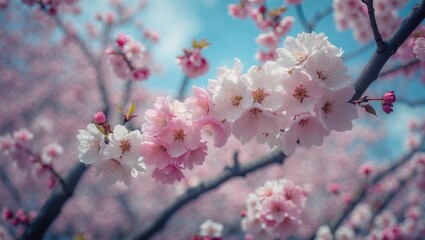 Obraz premium The stunning cherry blossom tree in full bloom representing spring, with the sky visible behind its flowers.