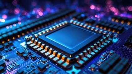 Fototapeta premium Motherboard featuring a CPU desktop with contacts oriented upwards, highlighted in blue light. Technology setting.