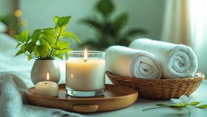 Spa essentials featuring a white towel and candle on a wooden tray with empty space.