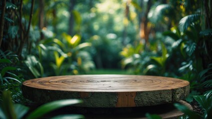 Naklejka premium Outdoor garden forest podium with wood table top and blurred green plant background.