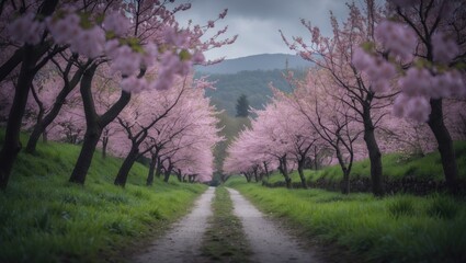 Fototapeta premium Mount Covered in Cherry Blossoms: A Spring Palette