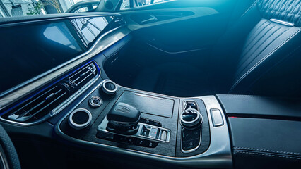 Fototapeta premium Luxury car salon 2025. Ambient lighting. Premium luxury car salon.