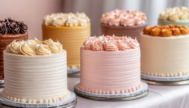A display of beautifully decorated cakes in various colors and designs, showcasing a delightful assortment for celebrations.