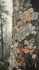 Intricate Lichen Patterns on Tree Trunk in Serene Forest Setting