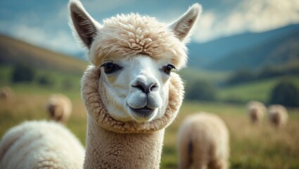 Fototapeta premium Adorable curly white alpaca in soft sunlight, focusing on the camera while grazing with companions on a farm surrounded by lush green mountains.