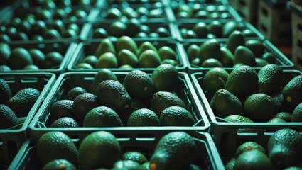 Ripe Hass avocados sorted and packed in plastic boxes for storage or delivery to stores on the farm