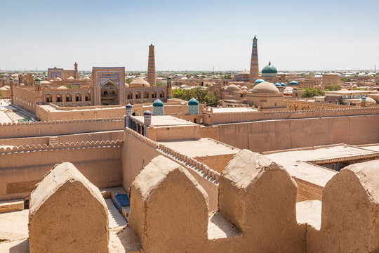 Khiva, Xorazm Region, Uzbekistan, Central Asia. The Islam Khodja Madrasa and Minaret.