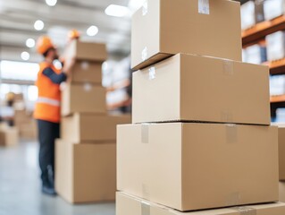 A worker organizes stacked cardboard boxes in a warehouse, showcasing efficiency and logistics in a busy storage environment.