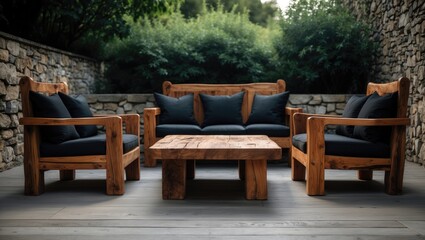 Fototapeta premium Handcrafted Outdoor Table and Couch Made of Solid Natural Wood on the Terrace