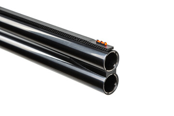 Close-up view of double-barrel shotgun muzzle with fiber optic front sight, isolated on white back