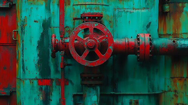 Rusted industrial valve, teal and red