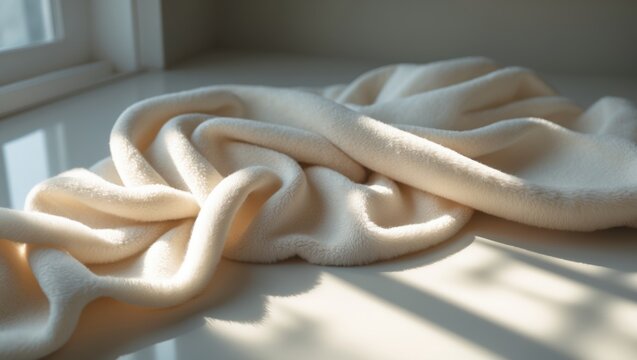 Soft, cozy plush fabric drapes in elegant folds on a countertop background. Blank space available. Subtle mockup flat lay.