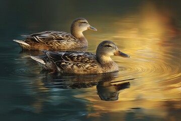 Fototapeta premium Two mallard ducks swimming gracefully on a tranquil lake during golden hour light creating ripples 100