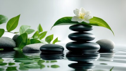 Spa arrangement with pebbles and leaves on the water surface