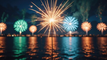 Sparkler illuminating the night sky with blurred fireworks during a celebration