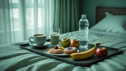 Bedside breakfast featuring coffee, fresh fruit, and pastries. Interior of a green-toned bedroom.