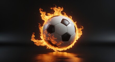 Fototapeta premium Fiery soccer ball soaring against a black backdrop