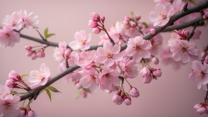 Obraz premium Isolated spring blossoms on a pink background, close-up of blooming tree branch flowers, pastel pink backdrop, delicate floral blooms, springtime theme.