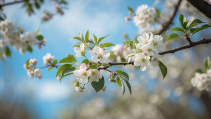 Obraz premium Detailed view of apple tree branches in bloom featuring white flowers and lush green leaves, picturesque flower garden, nature, floral frame, space for text