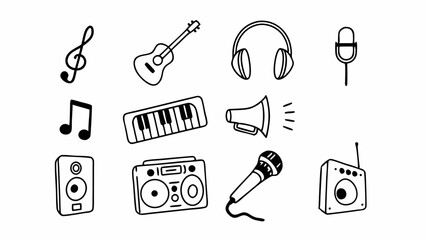Music Icons: Line style icons for musical notes, guitar, headphones, piano, microphone, music app, concert, speaker, sound system, music player, volume control, and more. Editable stroke.