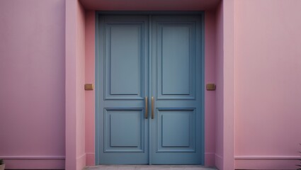 Blue-gray wooden door. Building entry background. Wall with space for copy. Outdoor architecture background. Minimalist door. Facade in pink paint.