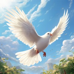 Obraz premium Majestic white dove soaring through a bright blue sky above a vibrant cityscape filled with greenery and sunshine