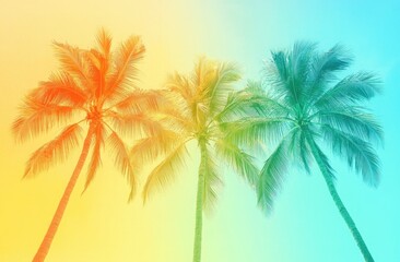 Obraz premium Three Palm Trees on Bright Gradient Sky. Retro Color Tropical