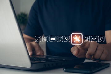 Technical support customer service call center 24-7 internet business concept, call center, and customer service help. A businessman is working with ai agent support automation on a virtual screen.