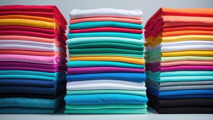 Collection of bright t-shirts on a plain background.