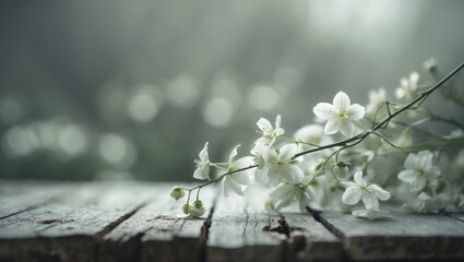 Wooden table serves as a backdrop for spring flowers