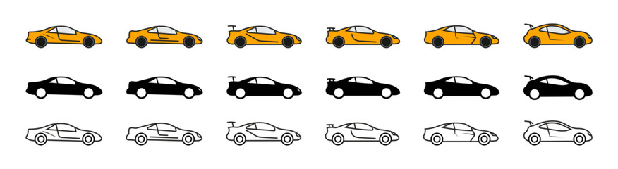 Sports car logo icon set. Motor vehicle silhouette emblems. Auto garage dealership brand identity design elements.