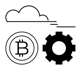 Cloud element linked to Bitcoin and gear symbolizing cryptocurrency, blockchain processes, innovative financial operations, decentralized systems, digital economy, and automation. Ideal for fintech
