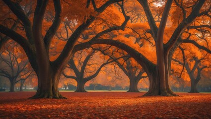 Serene autumn landscape featuring a splendid oak tree adorned with vibrant leaves in a park, illuminated by gentle light