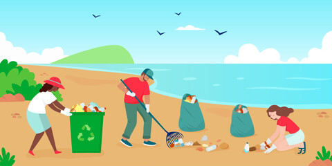Group of diverse volunteers collecting trash and plastic waste from the beach to promote environmental conservation. People recycling. Man and woman picking up litter. Vector art.