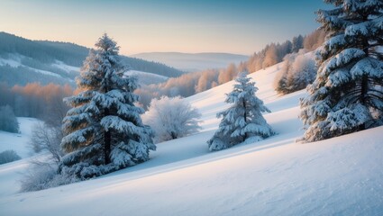 Serene winter scenery featuring abundant snow on fir trees. Travel-themed image. Snow-laden conifers.