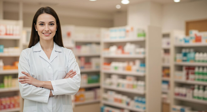 Confident female pharmacist in white lab coat, arms crossed and smiling, standing in a bright pharmacy, soft pastel background with health product shelves