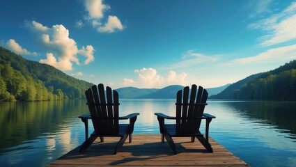 Two wooden seats on a dock directed towards a lake with reflective surfaces