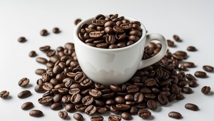 Fototapeta premium A white cup placed on coffee beans, representing the freshness of coffee and convenience. Great for promotional activities, take-out services, and cultural themes.