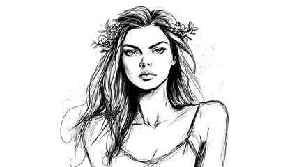 Fototapeta premium Elegant black and white sketch of a woman with floral headpiece long flowing hair and a contemplative gaze.