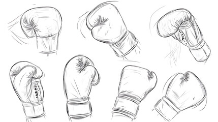 Sketch-style illustration depicting several boxing gloves in varying positions showcasing their design and form.