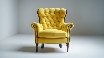 Modern yellow plush armchair set against a backdrop.